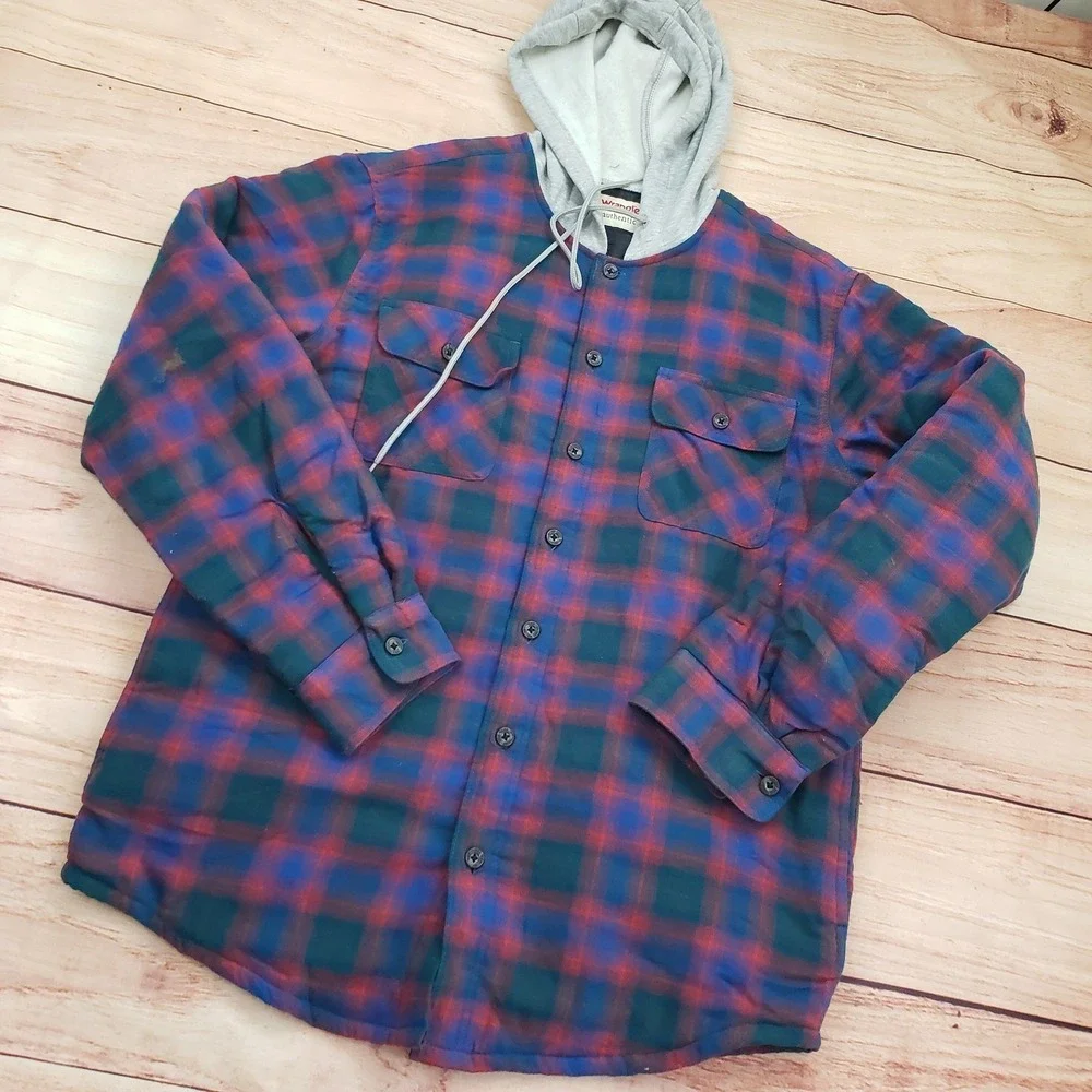 Wrangler Jacket Mens Medium Blue Red Plaid Hooded‎ Flannel Lined Warm Outdoor